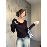 French Pink Design Collar Horn Shoulder Long Sleeve Bottom Shirt Autumn And Winter Temperament To Take A Small Chic Top Woman