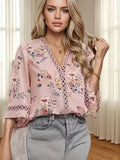 New Tat Lace Wind V Collar Bat Sleeve Print Casual T-Shirt Blouse Chiffon