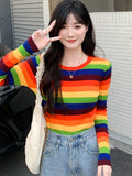 Spring And Autumn 2025 New Korean Version Sweet And Spicy Wind Design Sense Of Small Colling Color Striped Slimming Students Short T-Shirts