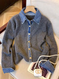 Denim Shirt Collar Splicing Fake Two Sweater Women's Autumn And Winter 2025 New Korean Chic High-End Knitted Coat