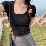 Sweet Hottie Low-Collar Collar Collar Collar Collar Collar Collar Straight Shoulder Short-Sleeved T-Shirt Girl Pure-Want Wind Tight Waist Sexy Short Summer Top