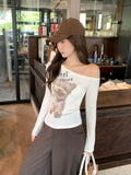 Slanted Shoulder Print Long-Sleeved T-Shirt Girl 2026 Autumn Hottie Slimming Bottom Shirt Inside Knitting Top