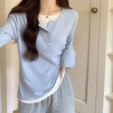 Small Buckle Fake Two T-Shirt Women's Long Sleeve Early Autumn Design Sense Of Small Bumpy Loose Top Inside The Bottom Shirt