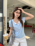 Chic Design Colliding Color Splicing Button Fake Two Short-Sleeved T-Shirt Women 2026 Summer New Unique Repair Body