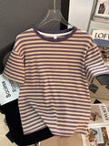 2025 New Summer Striped Short-Sleeved T-Shirt Girl Chic Loose Korean Version Of The Right Shoulder Reduction Body Blouse Ins