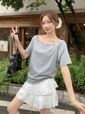 Korean Hot Diamond Willow Embroidered Slanted Shoulder Sleeves T-Shirt 2026 Summer New Unique Beautiful Word On The Shoulder