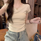 2026 Summer Light Blue Folds To The Waist Shoulder Short-Sleeved Women's T-Shirt Small Flying Sleeve V Collar Collar Collar Collar Collar Collar Sexy Top