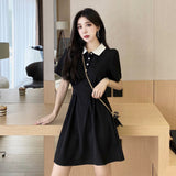 College Style POLO Collar Black Waist Temperament Dress Female 2025 Summer New Student Black Dress