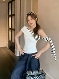 Korean Retro Black And White Striped Slanted Shoulder Short-Sleeved T-Shirt For Summer New 2026 Ribbon Spliced Knitted Small Top