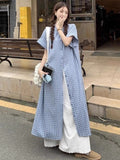 Sweet Folded Suit Women's Summer Design Plaid Shirt Dress Lace Broad Leg Pants Two Sets Of Tide