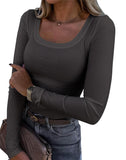 2026 New Burst Threaded Pit Strips Long-Sleeved Sexy U-Neck Casual Women's T-Shirt