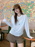 Blue Round Neck Stripes Crash Cool Long-Sleeved Hoodie T-Shirt Girl Summer Slim Lazy Blouse