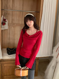 Pure Desire To Word Shoulder Collarbone Long-Sleeved T-Shirt Girl Autumn And Winter New Christmas New Year Red Inside The Bottom Of The Waist Top