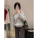 Black Slack Feel Inclined Angle Shoulder Long-Sleeved T-Shirt Girl Out-To-Shoulder Early Autumn Lazy Loose Babes Sexy Shoulder