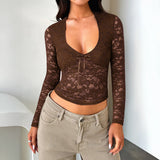 Dili 2025 Spring And Summer New Y2k Sexy Style Repair Hollow Long Sleeve Tie Lace Lace Top