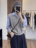 Fake Two Stripes Spliced Knitted Long-Sleeved Shirt Women's Spring And Autumn New Leisure College Style Stacking Cloth