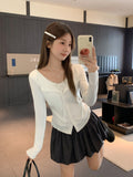 Half-Open Collar Two Lace Splicing Long-Sleeved T-Shirt Women 2026 Early Autumn Wood Ear Design Bottom Shirt Top