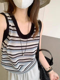 Red Striped U-Neck Vest Sling Women's Summer Wear Design Loose Short Knitted Shirt Thin