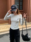 Embroidered Round Collar Shoulder Long-Sleeved T-Shirt Girl Autumn Folded Waist Repair Inside The Beautiful Bottom Shirt