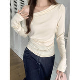 Swing Collar Design Feel Oblique Shoulder Shoulder-To-Shoulder Clothes Autumn New Folded Jersey Long-Sleeved T-Shirt Girl