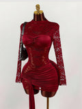 New Temperament Lace Hollow Perspective Splicing Solid Color Body Sex With Short Skirt Dress Dress Woman