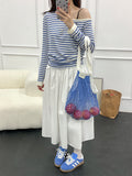 Korean Bumpy Stripes Irregular Lashed Shoulder Long-Sleeved T-Shirt Girl Spring New Waist Thin Temperament Blouse