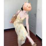 French High-End V-Necked Floral Sling Dress Woman's New Summer 2025 Waist-Skinny Leaf Side Dress