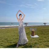 Holiday Wind Chopped Fresh Mesh Hanging Neck Slings Long Skirt Folded Back Dress 2025 New Dress