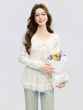 Korean Apricot Sweet Lace V-Neck Long-Sleeved T-Shirt For Women 2026 Spring Ballet Style Bottom Lace Jersey