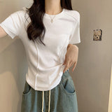 Summer New White Short-Sleeved T-Shirt Women's Shoulder Tight Design Short-Term Pure Desire Irregular Fish Bone Top