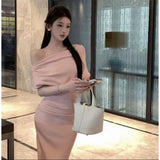 Slanted Collared Shoulder Sexy Waist Temperament Folded Dress French Dress Long Dress Summer Senior Sense