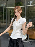 Beautiful College Style Wearing V-Neck Tying Butterfly Embroidered Shoulder Short-Sleeved T-Shirt For Women's Summer New Body Repair Small Top