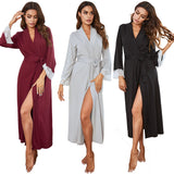Women's Nightglore Long-Sleeved Lace Spliced Strap Long Homewear Pyjamas Bathrobe Woman