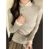 French Fake Two Splicing Lace Lace Hair Thick Long Sleeve Bottom Shirt Women Autumn And Winter Coat