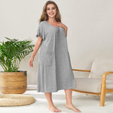 Summer Plus Yard Lady Pyjamas Cotton Short Sleeves Loose Round-Neck Pocket Home Dress Long Dress Pyjamas Woman