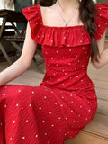 French Gentle Temperament Flying Sleeve Lotus Edge Splicing Dress Women's Summer New Wave Point Square Sling Skirt