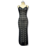 Suspension Deep V Lace Perspective Dress Pocketed Hips Solid Color-Dexed Sexy Long Dress