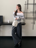 Vintage Stripe Splicing Long-Sleeved Knitted Cardigan Women 2026 Autumn Single-Dcupuncture Design Top