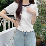 Apricot Round-Neck Wooden Ear Short-Sleeved T-Shirt Women's Summer Short Design Sense Niche European T-Shirt