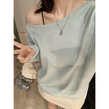Gray Oblique Shoulder Long-Sleeved T-Shirt Girl Early Autumn Loose Word Shoulder Slack Feeling Hottie Sexy Unique Temperament Blouse