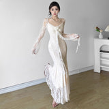 2025 French Three-Dimensional Flowers With Long-Sleeved Dress Dress Women Pure Lust Lace To The Waist Of Thin Fish Tail Long Dress