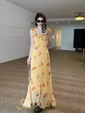 French Beautiful Yellow Lotus Edge V-Neck Crumbs Hanging Dress Women's Summer Super Good-Looking Dopamine Waist Dress