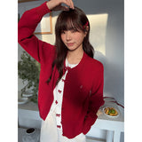 Christmas Red Wear Fake Two Bows Long Sleeves Bottom Knitted Cardigan Women In Autumn And Winter Round Collar Repair Body