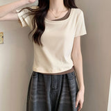 Fake Two Bumpy Square Short-Sleeved T-Shirts For Girls Summer New Body-Repair Korean Chic Short Top