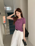 Korean Purple Texture Hot Diamond Short-Sleeved T-Shirt 2026 New Summer Shoulder Design Sense Unique Top