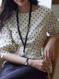 New Retro Temperament Wave Dot Round Neck Long-Sleeved Top Woman Irregularly Tied Belt Waist Shirt
