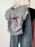 Pure Cotton Bow Short-Sleeved T-Shirt Women's Summer 2025 New Design Sense Small Man Repair On The Shoulder