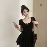 Gray U-Neck Short-Sleeved Dress Woman Summer Small Folded Waist A Skirt Babes Tling Skirt