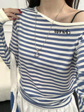 Korean Bumpy Stripes Irregular Lashed Shoulder Long-Sleeved T-Shirt Girl Spring New Waist Thin Temperament Blouse