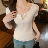Tight Body Thin Shoulder U Collar Spliced Broken Flower Short-Sleeved T-Shirt Girl Spring And Summer Pure Lust Bm Wind Half-Opened Two-Piece Blouse